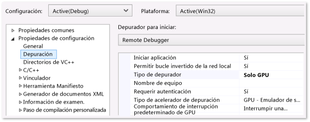 Página de propiedades de depuración de la aplicación de la Tienda Windows de C++