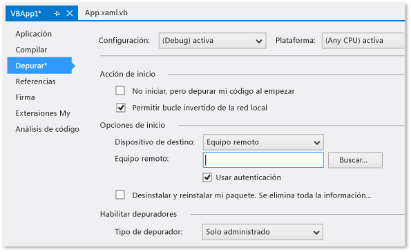 Página de propiedades de depuración del proyecto de C#/VB