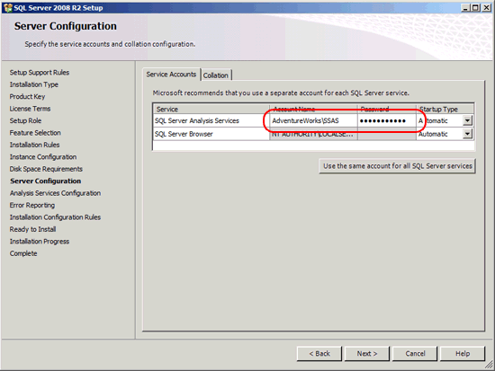 Página de configuración del servidor en el Asistente de instalación