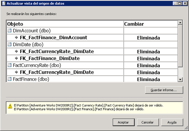 Actualizar vista del origen de datos, cuadro de diálogo