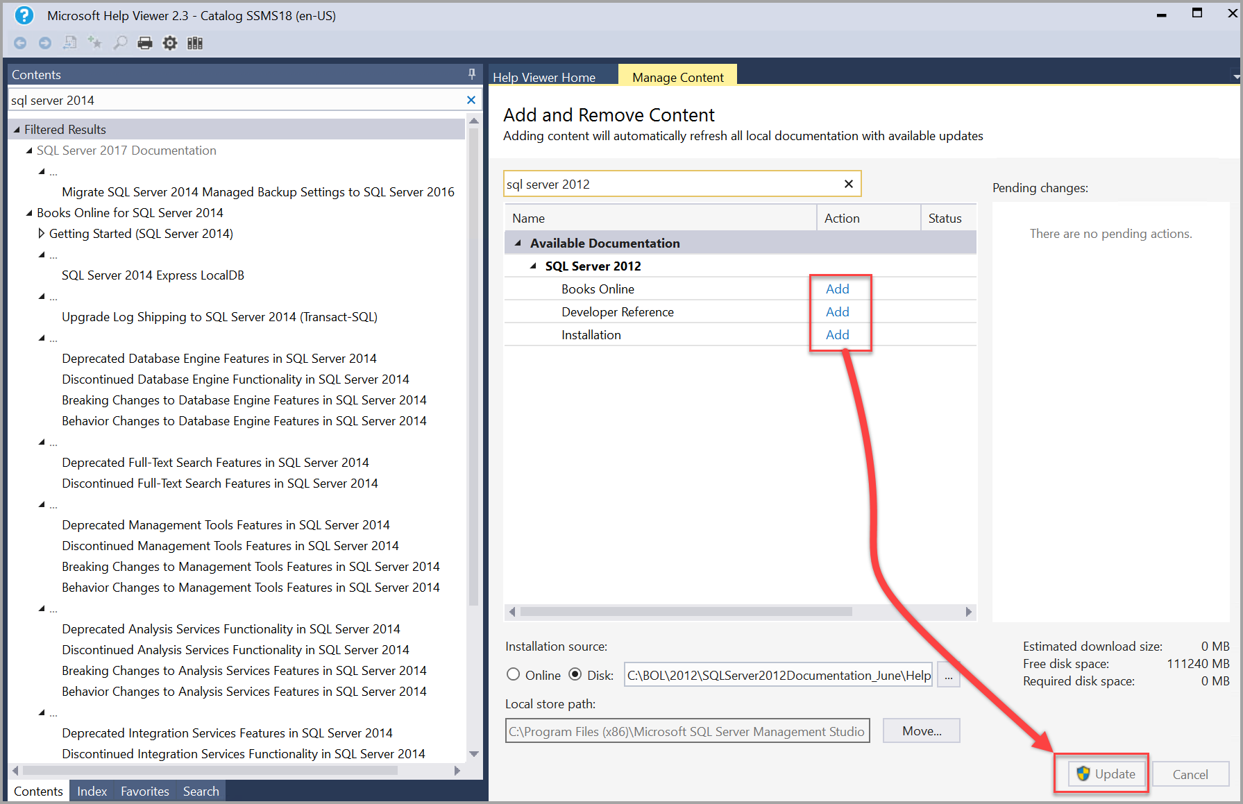 Libros de SQL Server 2012 sobre adición y actualización en el Visor de Ayuda