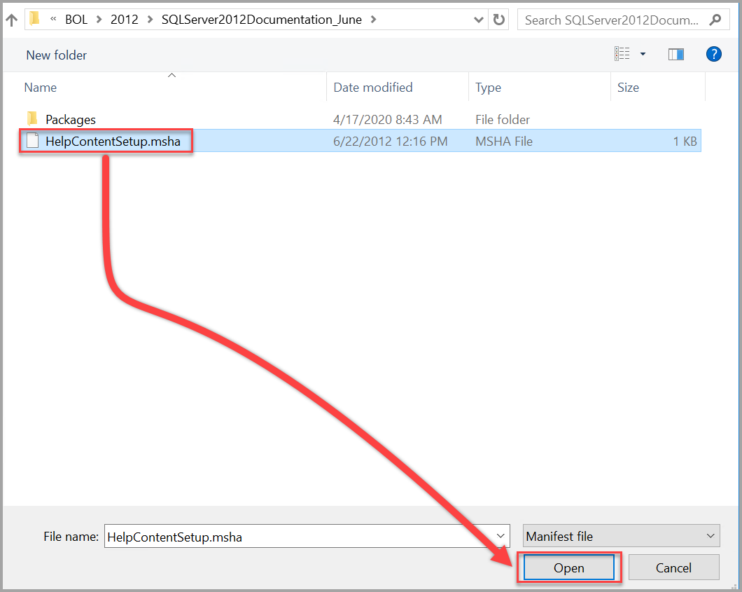 Abrir el archivo Setup.msha del contenido de Ayuda de SQL Server 2012