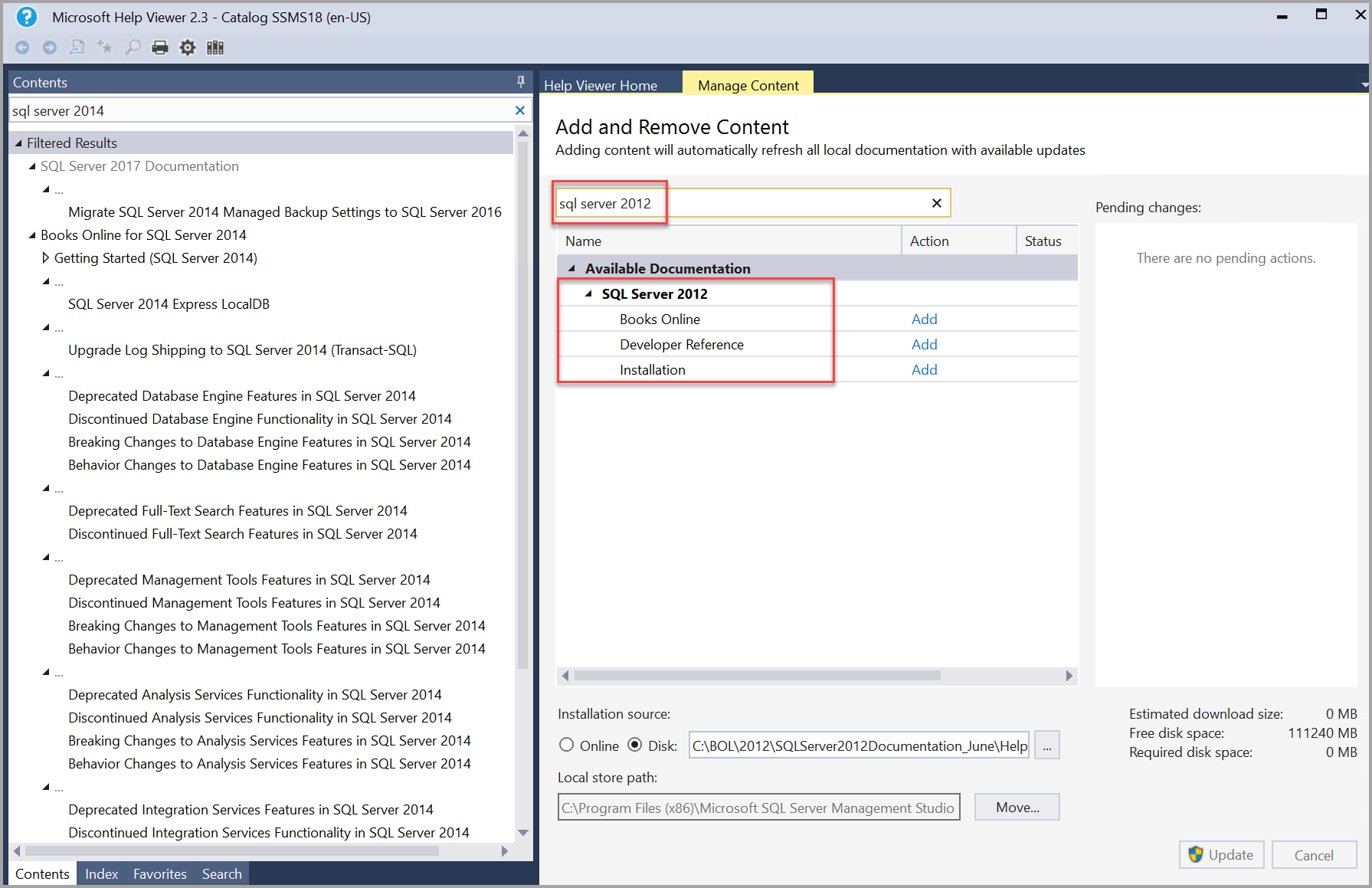 Búsqueda de libros de SQL Server 2012 en el Visor de Ayuda