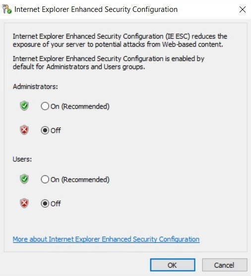 Captura de pantalla de la ventana Configuración de seguridad mejorada de IE. La opción Desactivar está seleccionada.