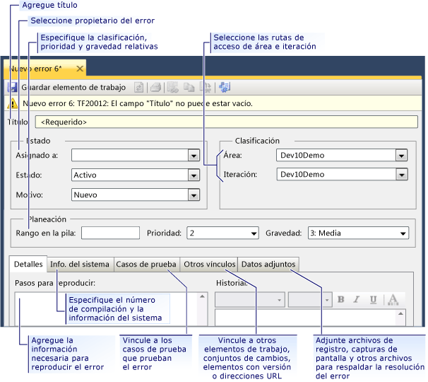 Formulario de elemento de trabajo para error