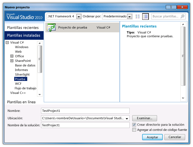 Cuadro de diálogo Nuevo proyecto de prueba