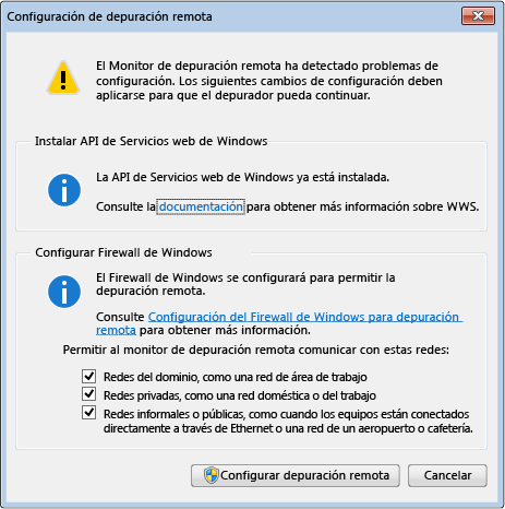 Cuadro de diálogo Configuración de depuración remota