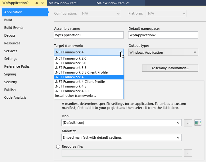 Propiedades de aplicación de Visual Studio, pestaña Aplicación