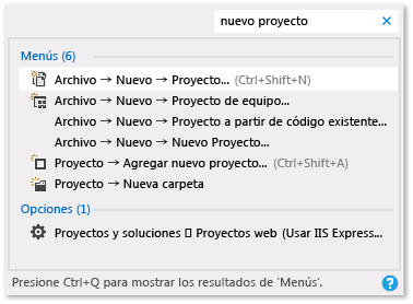 Resultados de inicio rápido para 'nuevo proyecto'