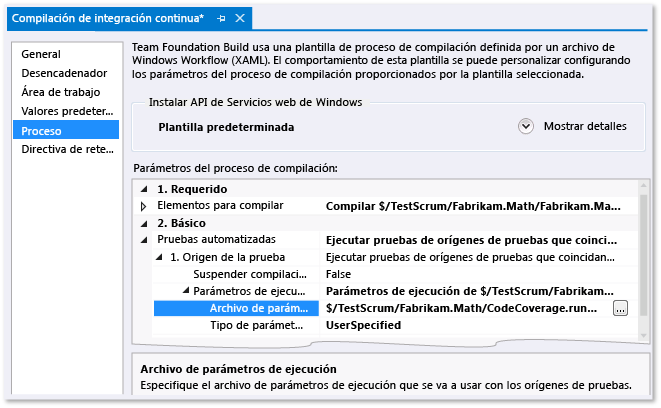 Especificar parámetros de ejecución en una definición de compilación