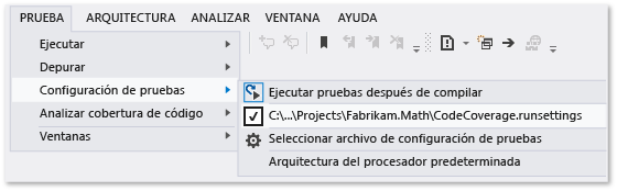 Menú de configuración de pruebas con archivo de configuración personalizado