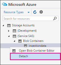 Haga clic con el botón derecho en ingesta y seleccione Desasociar para desconectarse del área de Azure Storage.