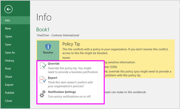 Opciones sobre la sugerencia de directiva en Backstage en Excel 2016.