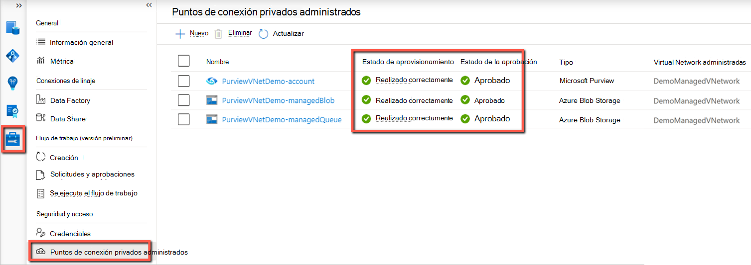 Captura de pantalla que muestra los puntos de conexión privados administrados en Microsoft Purview