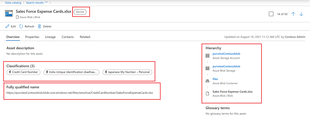 Ver una etiqueta de confidencialidad en un archivo de la Azure Blob Storage