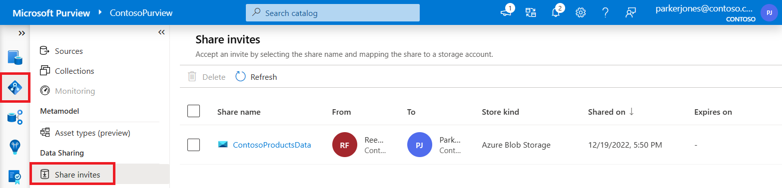 Captura de pantalla que muestra la página Compartir invitaciones en el portal de gobernanza de Microsoft Purview.