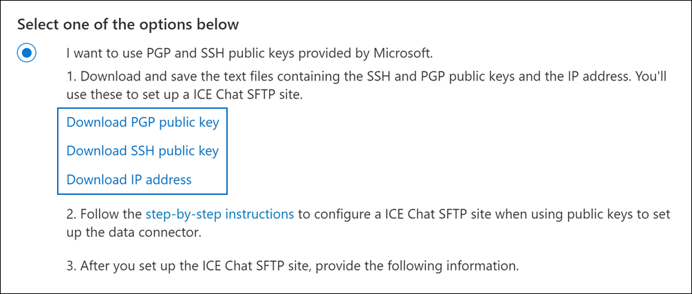 Vínculos para descargar claves públicas y dirección IP.