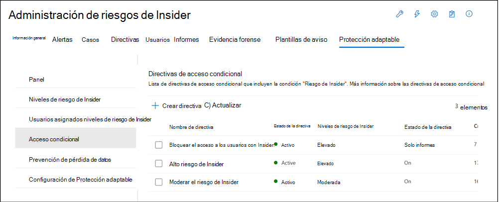 Directivas de acceso condicional de protección adaptable de administración de riesgos internos.