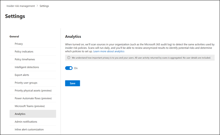 Configuración de análisis de administración de riesgos internos