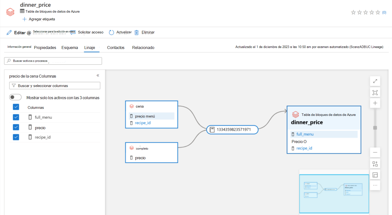 Captura de pantalla del linaje del cuaderno presente en el recurso de área de trabajo del catálogo de Unity de Azure Databricks asociado.