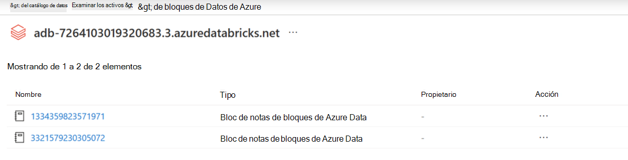 Captura de pantalla de los cuadernos de exploración presentes en el recurso de área de trabajo del catálogo de Unity de Azure Databricks asociado.