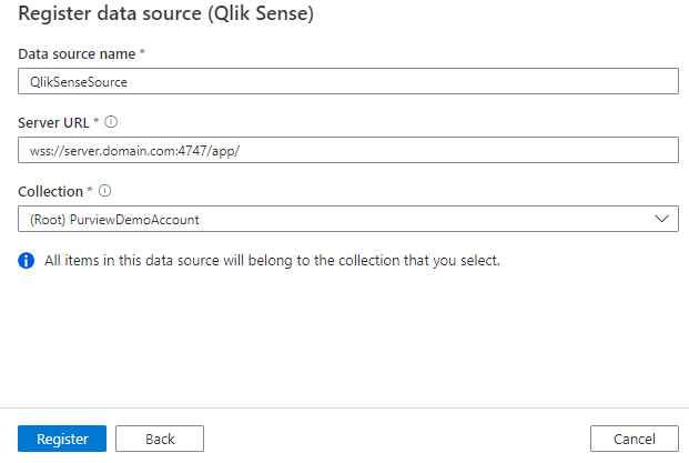 Captura de pantalla del registro de un origen de Qlik Sense.