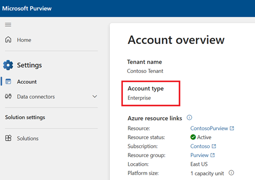 Captura de pantalla de la página de configuración en el portal de Microsoft Purview.