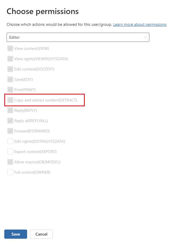 Configuración de derechos de uso para una etiqueta de confidencialidad donde los permisos incluyen EXTRACT.