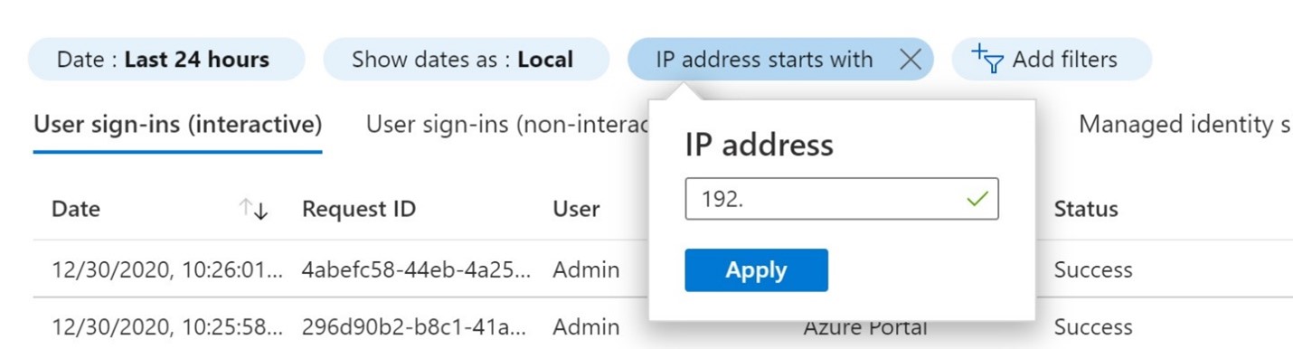 Captura de pantalla que muestra cómo buscar inicios de sesión en una dirección IP específica.