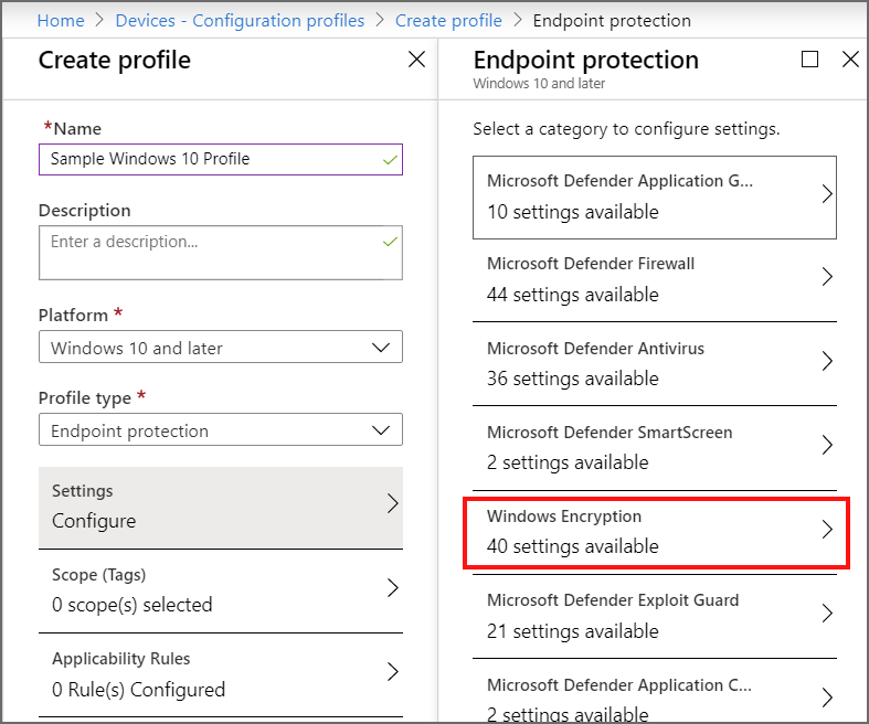 Captura de pantalla de Endpoint Protection en Crear perfil.