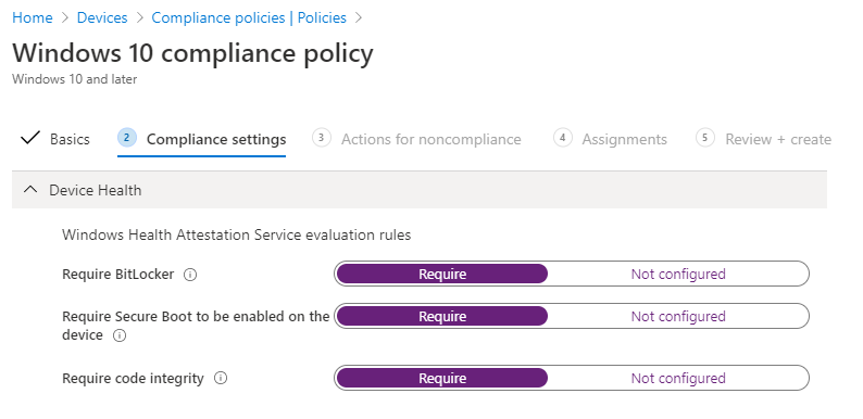 Captura de pantalla de Mantenimiento de dispositivos de la configuración de directivas de cumplimiento de Windows 10.