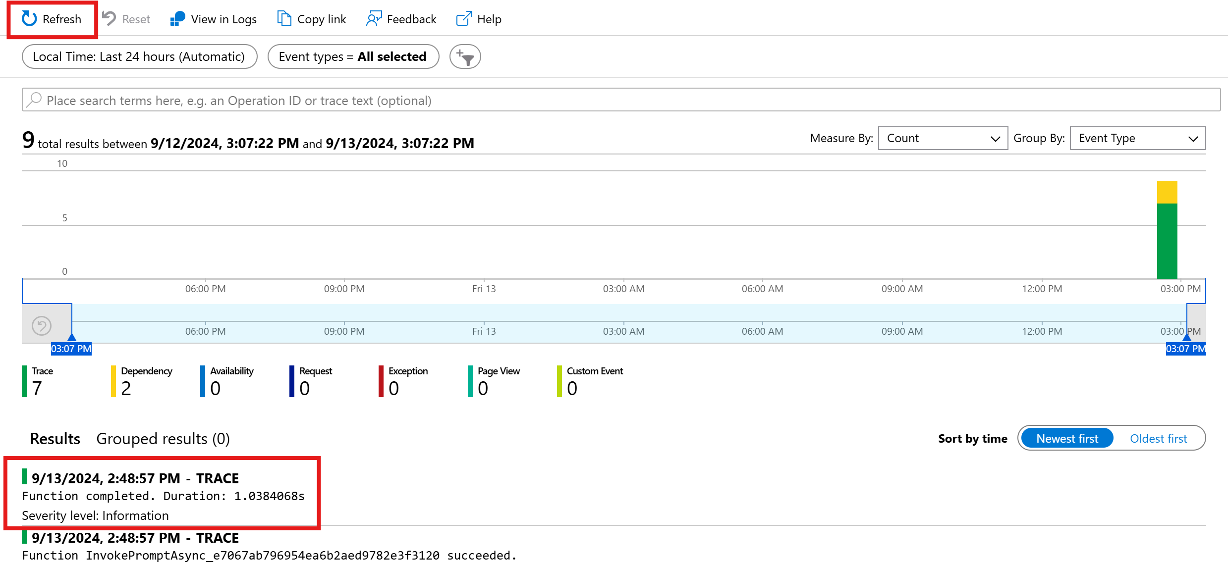 Búsqueda de transacciones de AppInsights