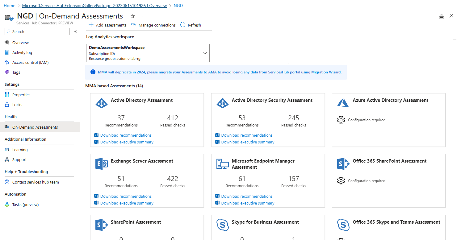 La página de información general de un nuevo recurso del conector de Services Hub.