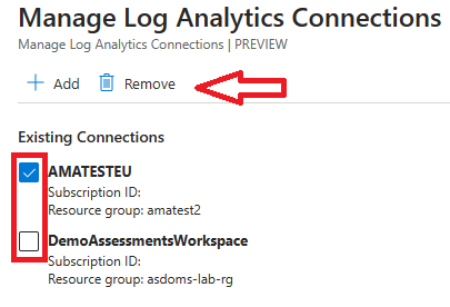 La ventana Administrar conexiones de Log Analytics. El cuadro de la conexión existente que se va a quitar está activado y se selecciona Quitar.