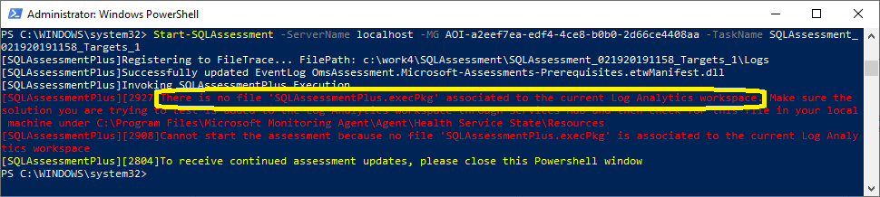 Ventana de PowerShell con un mensaje de error de falta de archivo asociado.