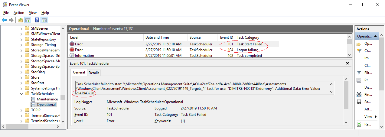 Detalles del error de inicio del Programador de tareas.