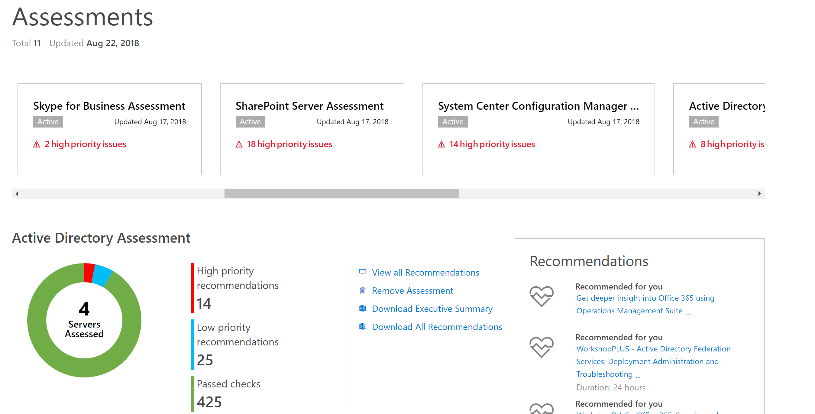 Panel de resultados de evaluaciones con diferentes pestañas de Skype, SharePoint, Administración de centros de sistemas y Entra ID.