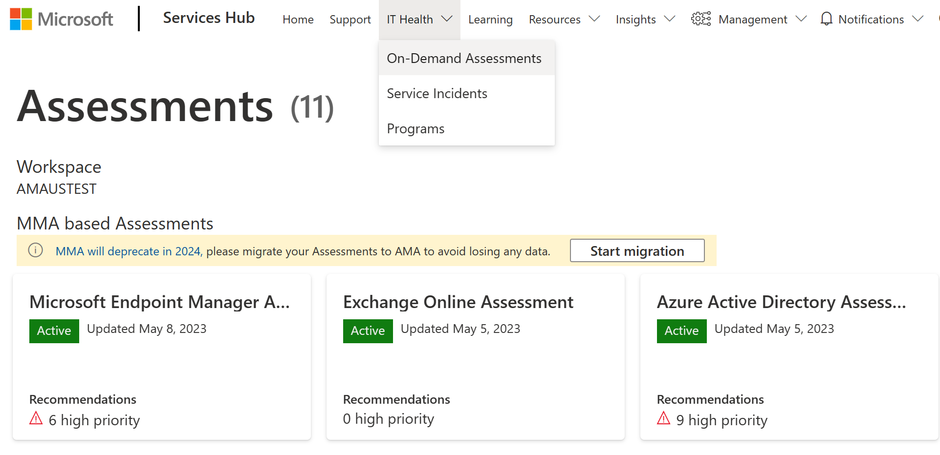 El portal de Services Hub: Estado de TI: Evaluaciones basadas en MMA.