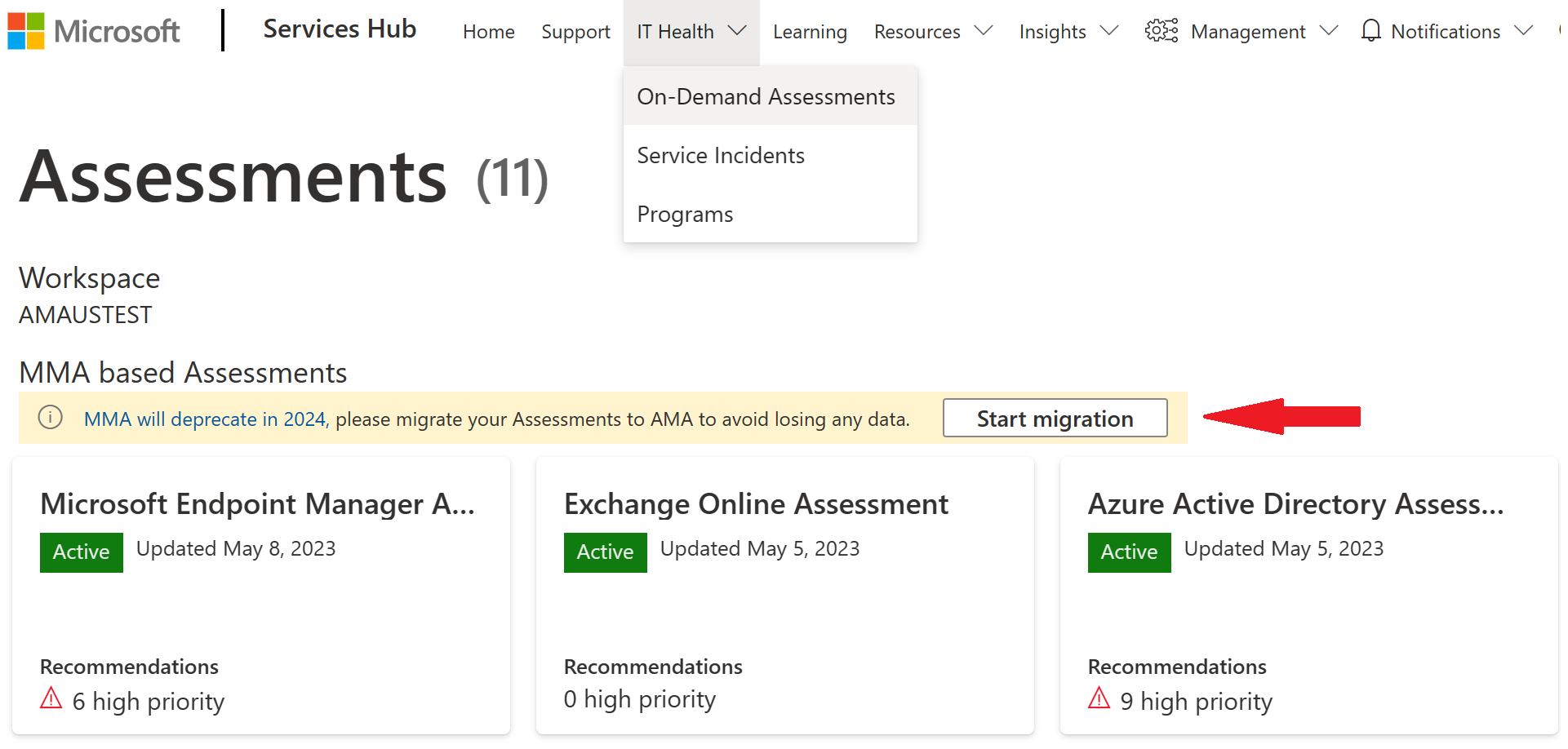 El portal de Services Hub: Estado de TI: Evaluaciones basadas en MMA: Iniciar migración.