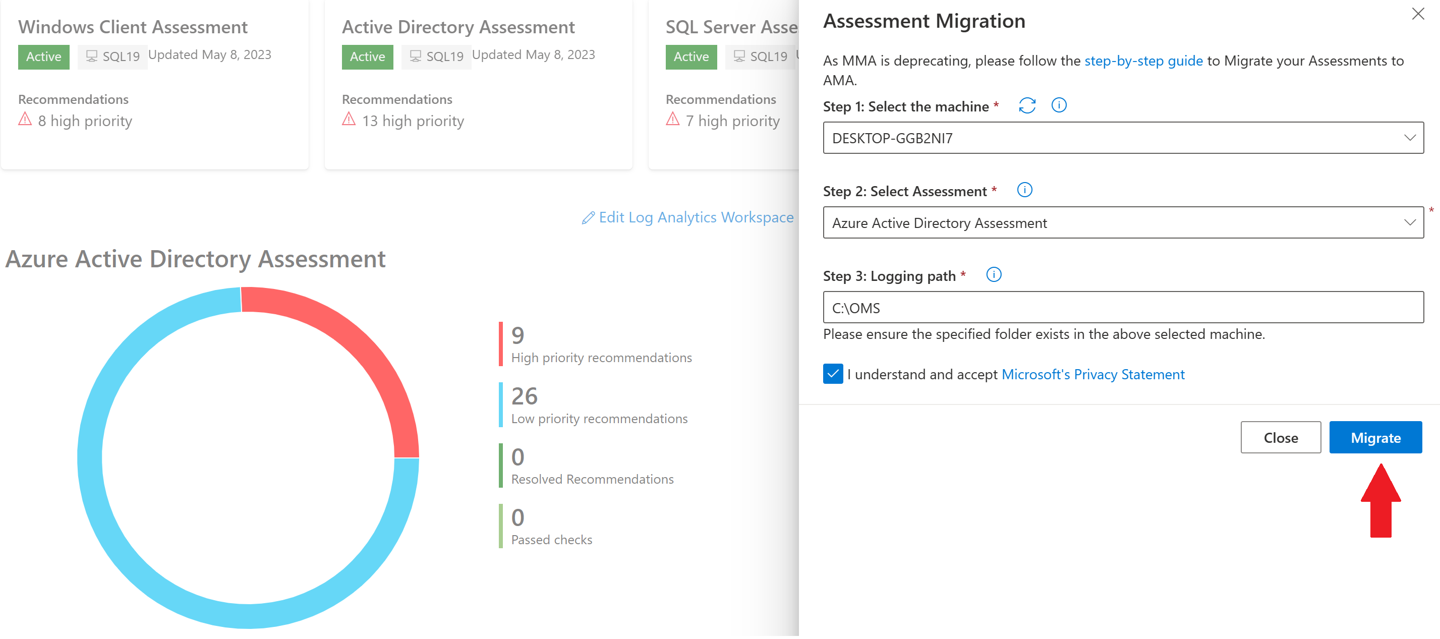 El portal de Services Hub: Estado de TI: Evaluaciones basadas en MMA: Migrar.