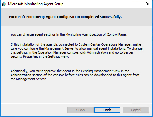 La ventana Configuración de Microsoft Monitoring Agent, con el botón Finalizar.