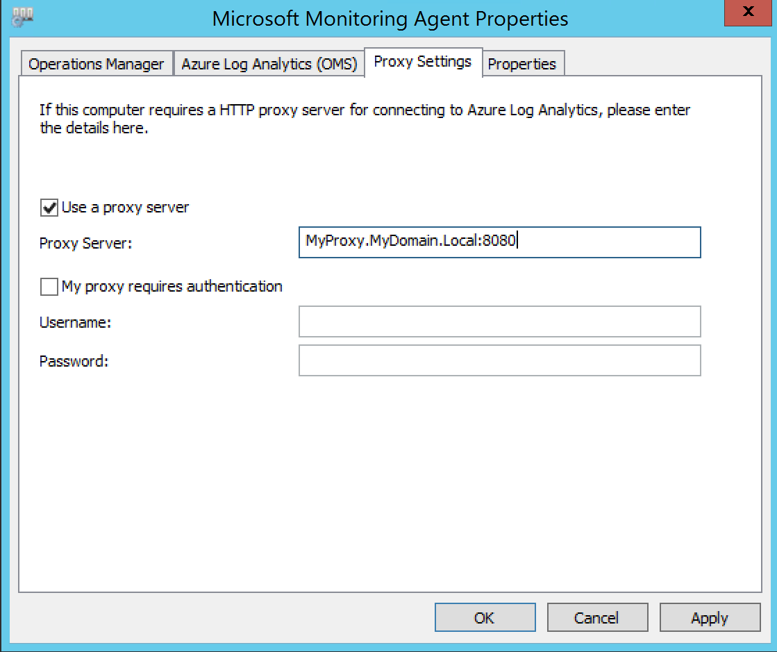 La ventana Propiedades de Microsoft Monitoring Agent que muestra la opción Usar un servidor proxy seleccionada.