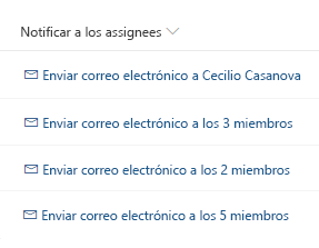 Lista de botones que notifica a todos los usuarios asignados de cada elemento, la primera fila está vacía, en la segunda se lee 