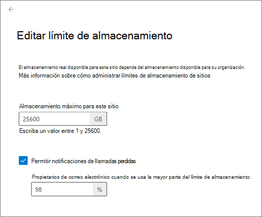 Cambiar el límite de almacenamiento de un sitio