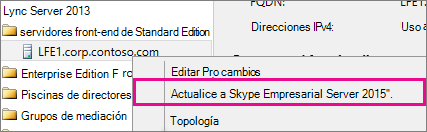 Captura de pantalla del menú contextual con opción de actualización de Lync Server 2013.