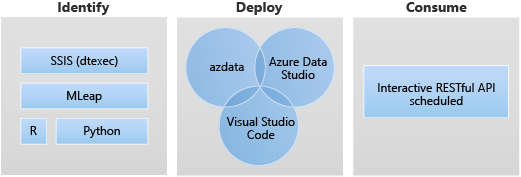 Identificación de orígenes (R, Python, SSIS (dtexec), implementación con línea de comandos, Azure Data Studio o Visual Studio Code, y consumo con una programación de API RESTful interactiva.