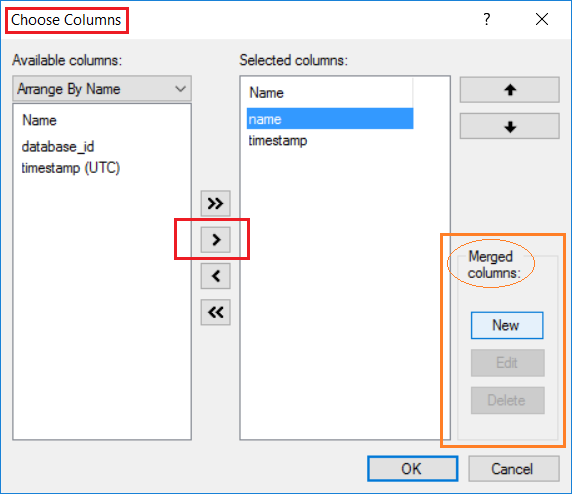 Captura de pantalla que muestra el cuadro de diálogo Elegir columnas, también con opciones de Combinar columnas.