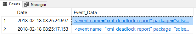 Captura de pantalla de SSMS del resultado de la consulta system_health XEvent.