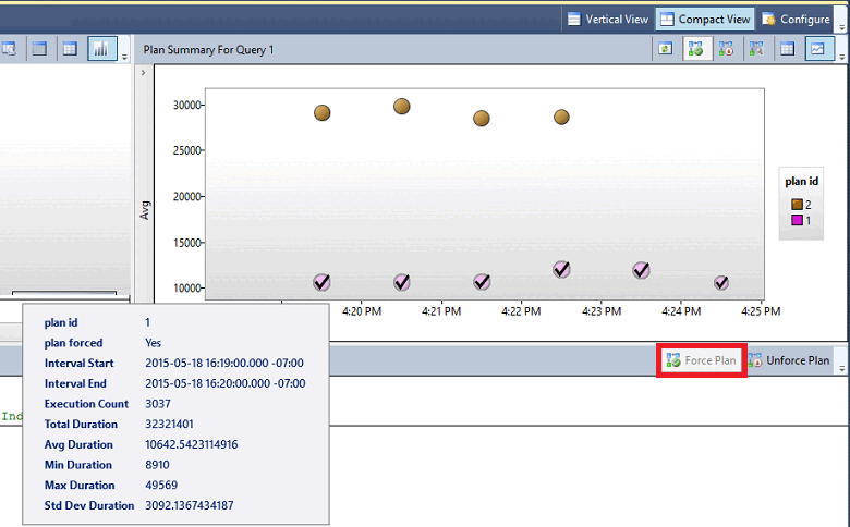 Captura de pantalla de SSMS del botón de forzar plan del Almacén de consultas.