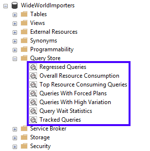 Captura de pantalla del árbol de informes de Almacén de consultas en el Explorador de objetos de SSMS.